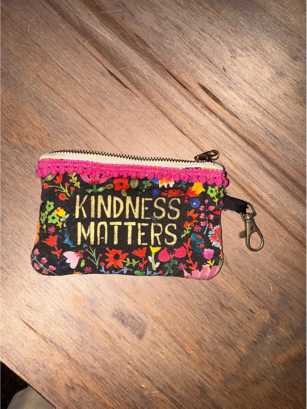 Floral Fabric Coin Purse with 'Kindness Matters' Embroidery and Pink Trim